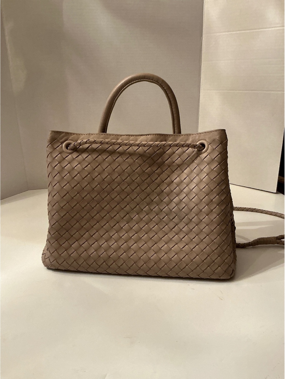Quince Romy Handwoven Leather Satchel Taupe EUC Luxury